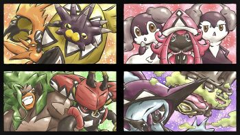 black_border border bright_pupils brown_eyes claws commentary_request face_piercing fangs galarian_form galarian_weezing gas gen_7_pokemon gen_8_pokemon grin hands_on_own_hips highres horns indeedee indeedee_(female) indeedee_(male) ken_hollow legendary_pokemon multicolored_eyes multiple_heads nintendo nose_piercing nose_ring open_mouth orange_eyes piercing pincurchin pokemon pokemon_(creature) pokemon_focus rillaboom smile spikes tapu_bulu tapu_fini tapu_koko tapu_lele teeth trait_connection white_pupils yellow_eyes
