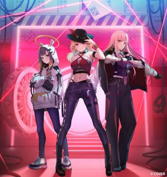 3girls asymmetrical_clothes bank_vault black_boots black_gloves black_hat black_jacket blue_pants blue_pantyhose blunt_bangs boots center-flap_bangs collared_shirt colored_inner_hair commentary_request cowboy_hat criss-cross_halter crop_top feathers gloves gradient_hair green_feathers green_hair halterneck hat hitomyan hololive hololive_english holomyth hood hood_up hoodie jacket jacket_on_shoulders leggings legs_apart long_hair midriff mori_calliope multicolored_hair multiple_girls navel ninomae_ina&#039;nis official_art orange_hair pants pantyhose pink_eyes pink_hair purple_eyes purple_hair purple_leggings purple_vest shirt shoes sidelocks single_leg_pantyhose single_pantsleg sneakers standing takanashi_kiara tentacle_hair vest virtual_youtuber white_hoodie white_shirt white_shoes