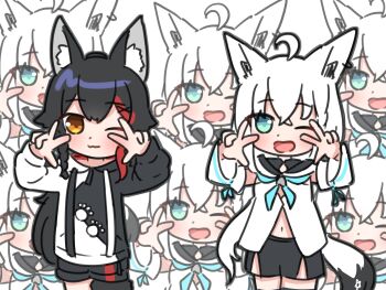 2girls animal_ear_piercing animal_ears aqua_eyes black_hair black_hoodie black_shorts closed_mouth commentary_request double_v fox_ears fox_girl fox_tail highres hololive hood hoodie long_hair looking_at_viewer morotade_kudou multicolored_hair multiple_girls official_alternate_costume ookami_mio ookami_mio_(hoodie) open_mouth red_streaks shirakami_fubuki shirakami_fubuki_(1st_costume) shorts smile streaked_hair tail tail_around_own_leg turing_love two-tone_hoodie v virtual_youtuber white_hair white_hoodie wolf_ears wolf_girl wolf_tail yellow_eyes