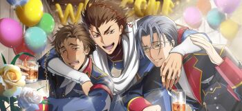 3boys balloon blue_eyes brown_eyes brown_hair claus_warwick code_geass code_geass:_boukoku_no_akito code_geass:_lost_stories drink f4samurai game_cg green_eyes grey_hair highres male_focus multiple_boys official_art open_mouth oscar_hamel sayama_ryou teeth
