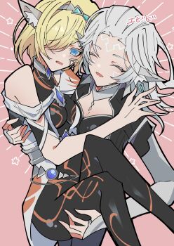 2girls absurdres black_bodysuit blonde_hair bodysuit breasts carrying celica_(xenoblade_x) commentary_request cowboy_shot hair_over_one_eye highres medium_breasts mikaalpha293 multiple_girls neilnail_(xenoblade) pink_background prince princess_carry siblings sisters white_hair xenoblade_chronicles_(series) xenoblade_chronicles_x