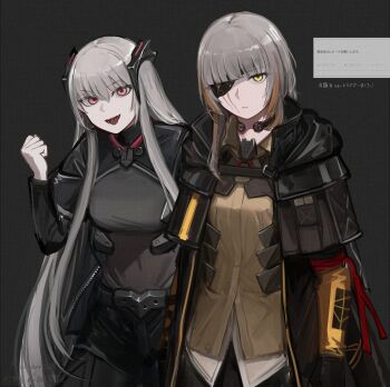 2girls beak_(girls&#039;_frontline) black_background black_coat black_jacket brown_shirt clenched_hand coat dress_shirt expressionless eyepatch girls&#039;_frontline grey_hair hand_up highres jacket long_hair looking_at_viewer m16a1_(boss)_(girls&#039;_frontline) m16a1_(girls&#039;_frontline) mole mole_under_eye multicolored_hair multiple_girls odaibako open_clothes open_coat open_jacket open_mouth orange_hair pink_eyes rampart1028 request_inset shirt simple_background smile streaked_hair tongue tongue_out yellow_eyes