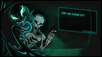 black_background calavera commentary creature dots english_commentary english_text fangs horror_(theme) long_tongue marvel meme monster night night_vision no_i'm_not_a_human self-upload skeleton symbiote tongue undead venom_(marvel) watermark