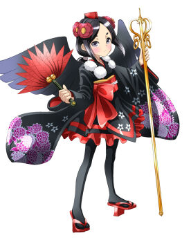 Rule 34 | 1girl, black hair, black pantyhose, blush, female focus, flower, full body, grey eyes, hair flower, hair ornament, hat, highres, holding, long hair, looking at viewer, mini hat, obi, pantyhose, ponytail, princess principal, red flower, red hat, sash, sidelocks, simple background, solo, standing, taniguchi gou, toudou chise, white background