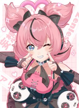Rule 34 | 1girl, absurdres, aria (discordant note) (zenless zone zero), aria (zenless zone zero), bare shoulders, black bow, black bridal gauntlets, black choker, black hair, black streaks, blue eyes, bow, breasts, bridal gauntlets, choker, collarbone, commentary request, grin, hair between eyes, hair bow, heart, highres, looking at viewer, medium breasts, multicolored hair, muunonoe, official alternate costume, one eye closed, pink background, pink hair, skull ornament, smile, solo, sparkle, star-shaped pupils, star (symbol), streaked hair, symbol-shaped pupils, zenless zone zero