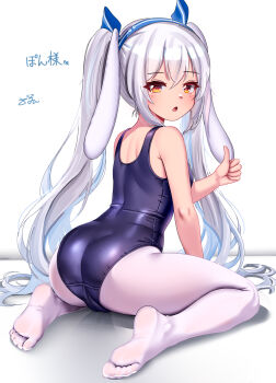 Rule 34 | 1girl, ass, azur lane, breasts, commentary request, dedorudy, greyscale, hairband, highres, laffey (azur lane), laffey ii (azur lane), long hair, looking at viewer, monochrome, old school swimsuit, pantyhose, red eyes, ribbon, school swimsuit, small breasts, smile, solo, swimsuit, twintails, very long hair, white hair, white pantyhose