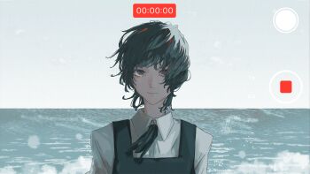 Rule 34 | 1girl, arms at sides, black dress, black hair, black ribbon, closed mouth, collared shirt, day, dress, eri (sayonara eri), grey eyes, highres, horizon, looking at viewer, neck ribbon, ocean, outdoors, pinafore dress, ribbon, sayonara eri, shirt, short hair, sleeveless, sleeveless dress, solo, straight-on, to/garashi, upper body, viewfinder, white shirt, wind