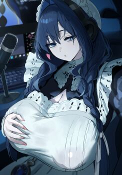 1girl apron black_dress blue_eyes blue_hair braid breasts cleavage commentary computer_keyboard covered_erect_nipples desk dotthebot dress frilled_apron frills hair_between_eyes hair_intakes hair_over_shoulder half-closed_eyes hand_on_own_chest hat headphones heart highres hololive hololive_english huge_breasts indoors long_hair looking_at_viewer low_twin_braids maid maid_apron microphone microsoft_windows mob_cap monitor official_alternate_costume official_alternate_hairstyle ouro_kronii ouro_kronii_(maid) outstretched_arm parted_lips partially_unbuttoned pocket_watch puffy_nipples selfie solo twin_braids virtual_youtuber watch white_apron