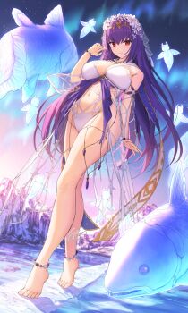 1girl aurora bare_shoulders barefoot bikini breasts cleavage fate/grand_order fate_(series) fish flower full_body hair_between_eyes hair_flower hair_ornament highres ice kamo_ashi large_breasts long_hair looking_at_viewer navel night night_sky purple_hair red_eyes revision scathach_(fate) scathach_skadi_(fate) scathach_skadi_(swimsuit_ruler)_(third_ascension)_(fate) see-through_clothes sky solo swimsuit very_long_hair white_bikini