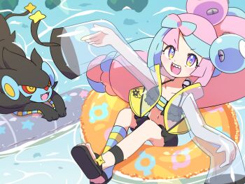 1girl alternate_costume bow-shaped_hair iono_(pokemon) komori541milk multicolored_hair pink_hair pokemon pokemon_sv sleeves_past_fingers sleeves_past_wrists teeth two-tone_hair