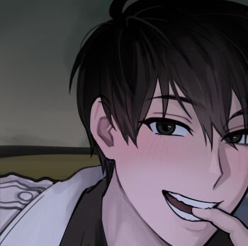 1boy biting biting_finger black_eyes black_hair black_shirt blush close-up coat kim_dokja looking_at_viewer male_focus omniscient_reader&#039;s_viewpoint portrait shirt short_hair solo taotaille white_coat