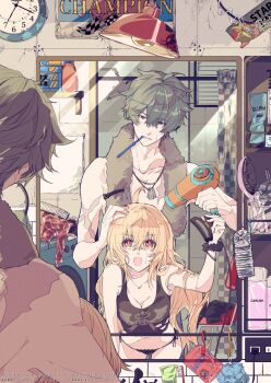 1boy 1girl ahoge analog_clock arm_up armpits bathroom behind_another black_panties blonde_hair breasts camisole ceiling_light cleavage clock couple crossed_bangs dog_tags drying drying_another&#039;s_hair drying_hair green_hair hair_between_eyes hair_brush hair_down hair_dryer hair_over_shoulder head_tilt height_difference hetero highres holding holding_hair_dryer indoors laundry leaning_forward lighter_(zenless_zone_zero) long_hair looking_at_another looking_at_reflection luciana_de_montefio medium_breasts messy_hair mirror mole mole_on_stomach mole_on_thigh mouth_hold multiple_moles multiple_scars nanawo navel open_mouth panties reflection reflection_focus scar scar_on_arm scar_on_chest scar_on_shoulder short_hair shower_curtain side-tie_panties thighhighs tile_wall tiles toned toned_male toothbrush toothbrush_in_mouth topless_male torn_camisole torn_clothes towel towel_around_neck underwear very_long_hair wall_clock washing_machine watermark zenless_zone_zero
