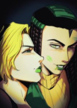 2girls black_hair blonde_hair braid commentary_request dreadlocks ermes_costello forehead_tattoo green_eyes green_hair green_lips half-closed_eyes highres jojo_no_kimyou_na_bouken kimeohandream kuujou_jolyne lipstick lipstick_mark makeup multicolored_hair multiple_girls one_eye_closed stone_ocean tattoo turtleneck two-tone_hair yuri