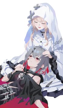 Rule 34 | 2girls, absurdres, black dress, blonde hair, chinese commentary, closed eyes, colored inner hair, commentary request, dress, frilled dress, frills, gloves, grey hair, hair ornament, hand on another's head, highres, hikami meruru, lap pillow, long hair, long sleeves, looking at another, lying, mahou shoujo no majo saiban, multicolored hair, multiple girls, nail polish, on back, open mouth, priestess, red eyes, red nails, shito alisa, short hair, shortofsugar, sitting, smile, veil, white background, white dress, white gloves, white veil, x hair ornament