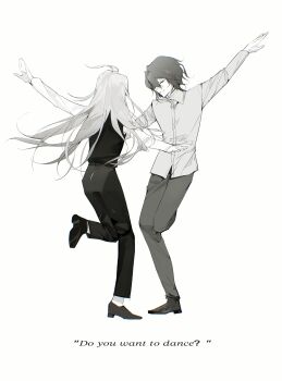 Rule 34 | 2boys, absurdres, ahoge, arm up, chinese commentary, chromatic aberration, closed eyes, collared shirt, commentary request, foot up, full body, greyscale, hatsutori hajime, helly (helly56956), highres, la la land, long hair, long sleeves, male focus, monochrome, multiple boys, pants, parody, saibou shinkyoku, shirt, short hair, simple background, smile, utsugi noriyuki, vest, white background, yaoi