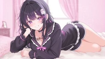 1girl absurdres art_trade bibixart black_choker black_hair black_sailor_collar black_shirt black_shorts blurry breast_tattoo breasts choker cleavage depth_of_field dolphin_shorts frilled_shirt frills grin hair_ornament highres indie_virtual_youtuber indoors large_breasts long_hair long_sleeves looking_at_viewer lying multicolored_hair on_side pink_eyes sailor_collar shirt short_shorts shorts smile solo streaked_hair tattoo thighs virtual_youtuber x_hair_ornament