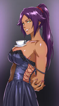 1girl arms_behind_back bare_shoulders bleach breasts collarbone cup dark-skinned_female dark_skin female_focus hair_ornament highres large_breasts long_hair looking_at_viewer parted_bangs ponytail purple_hair shihouin_yoruichi shiny_skin simple_background solo solo_focus standing teacup yellow_eyes zipy