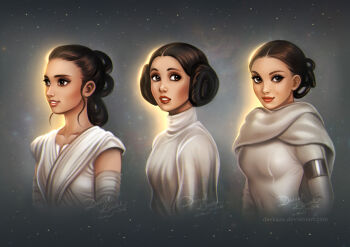 Rule 34 | 3girls, brown eyes, brown hair, daekazu, looking at viewer, medium hair, mother and daughter, multiple girls, padme amidala, portrait, princess leia, rey (star wars), robe, simple background, star wars, star wars: a new hope, star wars: attack of the clones, teeth, white robe