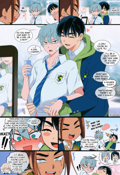 ! !! +++ 2girls 3boys ? alien_stage anger_vein artist_name beamed_eighth_notes black_hair blue_jacket blue_necktie blush brown_hair cellphone closed_eyes collared_shirt commentary cushion dark-skinned_female dark_skin diagonal-striped_clothes diagonal-striped_necktie drink_carton drinking_straw earrings english_commentary glasses green_eyes green_hoodie grey_eyes grey_hair heart highres hitting holding holding_cushion holding_juice_box holding_phone hood hoodie ivan_(alien_stage) jacket jacket_over_hoodie jewelry juice_box lucidkana luka_(alien_stage) multiple_boys multiple_girls musical_note necktie open_mouth phone pink_hair school_uniform shirt smartphone speech_bubble striped_clothes taking_picture thought_bubble till_(alien_stage) twintails white_shirt yellow_eyes