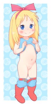 1girl blonde_hair blue_eyes blush_stickers censored clothes_lift clothes_pull female_focus gundam hair_ribbon kikka_kitamoto loli mobile_suit_gundam navel panties pussy ribbon shirt shirt_lift shorts shorts_pull smoog solo underwear