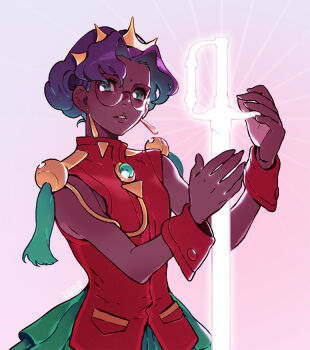 1girl 2gold aiguillette bad_id bad_tumblr_id bare_shoulders bindi crown dark-skinned_female dark_skin dress earrings female_focus glasses gradient_background hair_up himemiya_anthy holding holding_sword holding_weapon jewelry purple_hair red_dress shoujo_kakumei_utena solo sword tiara weapon