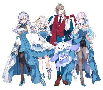 1boy 3girls :3 :d ahoge animal animal_on_shoulder ankle_ribbon aqua_eyes ars_almal artist_request bare_shoulders bird bird_on_shoulder black_necktie black_pantyhose black_shorts blue_bow blue_bowtie blue_choker blue_dress blue_hair blue_jacket blue_nails blue_pants blue_ribbon blue_shoes blunt_bangs bow bowtie braid breasts brown_hair brown_shoes chibikemo choker closed_mouth clothing_cutout collared_dress collared_shirt colored_inner_hair creature crown_braid dress elbow_gloves finger_to_mouth floating floppy_ears frilled_dress frilled_gloves frills gloves grey_hair grey_pantyhose group_picture hair_ornament hakase_fuyuki hand_up hands_up high-waist_shorts high_heels holding_shawl index_finger_raised jacket jacket_on_shoulders kanae_(nijisanji) layered_dress leg_ribbon lize_helesta long_dress long_hair looking_at_viewer lunlun_(nijisanji) male_focus medium_breasts medium_hair multicolored_hair multiple_girls nail_polish neck_ribbon necktie nijisanji off-shoulder_dress off_shoulder official_alternate_costume official_art open_mouth pants pantyhose pointing print_pantyhose puffy_short_sleeves puffy_sleeves pumps purple_eyes red_eyes red_shawl red_vest ribbon saddle_shoes sebastian_piyodore second-party_source see-through_skirt_layer shawl shirt shoes short_dress short_sleeves shorts showgirl_skirt sidelocks simple_background sleeveless sleeveless_dress small_breasts smile standing standing_on_one_leg star_(symbol) star_hair_ornament star_print strappy_heels streaked_hair transparent_background two-tone_hair very_long_hair vest virtual_youtuber waistcoat white_dress white_gloves white_hair white_shirt