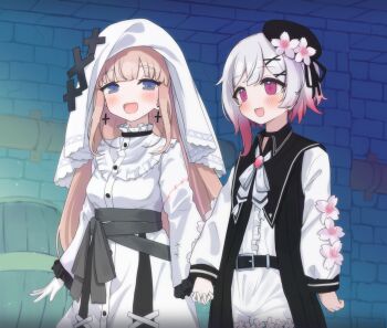 aku_oribi beret blonde_hair commentary_request dungeon flower_ornament hair_ornament hat hikami_meruru holding_hands long_hair magical_girl mahou_shoujo_no_majo_saiban multicolored_hair open_mouth pink_eyes purple_eyes sakuraba_ema short_hair smile veil x_hair_ornament yuri