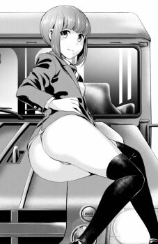 1girl ass ass_focus breasts dress_shirt highres infection isonami_kirara kneehighs looking_at_viewer lying non-web_source on_side school school_uniform shirt short_hair small_breasts socks thong wet