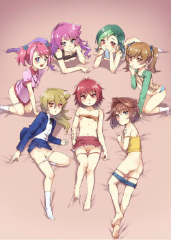 age_regression aged_down ass black_skirt blue_eyes blue_jacket blue_skirt breasts brown_eyes brown_hair clothes_lift dress feet green_hair hiiragi_yuzu izayoi_aki jacket long_hair mazaki_anzu mibry_(phrysm) panties pink_dress pink_hair red_eyes red_hair red_skirt short_hair skirt skirt_lift socks tenjouin_asuka underwear yu-gi-oh!