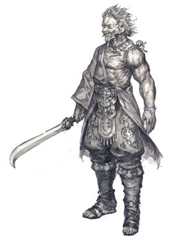 1boy absurdres bracelet clothing_request colored_skin commentary_request full_body grey_hair grey_pants grey_skin highres holding holding_sword holding_weapon jewelry male_focus mask muscular muscular_male original pants sandals short_hair simple_background single_bare_arm solo standing sword weapon white_background yanyan_(shinken_gomi)