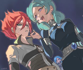 1boy 2girls beta_(inazuma_eleven) black_bodysuit blue_hair bodysuit commentary double_bun green_eyes hair_bun hand_on_another&#039;s_chin high_collar highres inazuma_eleven inazuma_eleven_(series) inazuma_eleven_go inazuma_eleven_go_chrono_stone inazuma_eleven_victory_road kiyama_hiroto looking_at_another motune multiple_girls protocol_omega purple_eyes red_hair signature smile spiked_hair sweatdrop teasing urubida white_bodysuit