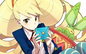 2girls bad_id bad_twitter_id blonde_hair blue_pantyhose blush drill_hair green_eyes highres holding holding_letter letter long_hair looking_at_viewer luna_platz_(mega_man) mega_man_(series) mega_man_star_force_(series) mega_man_star_force_3 multiple_girls okkuu_(oexistcm) pantyhose striped_clothes striped_pantyhose twin_drills very_long_hair vogue_(mega_man)