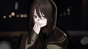 1girl black_hair black_jacket bob_cut covering_own_mouth grey_eyes hair_between_eyes hand_over_own_mouth hand_up hood hood_down hooded_jacket jacket long_sleeves original parted_lips short_hair sleeves_past_wrists smile solo solokitsune