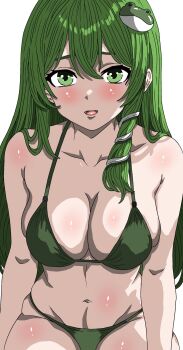 1girl bikini breasts commentary_request frog_hair_ornament green_bikini green_eyes green_hair hair_ornament highres higurashi0720 kochiya_sanae large_breasts long_hair looking_at_viewer navel open_mouth simple_background snake_hair_ornament solo swimsuit touhou white_background