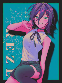 Rule 34 | 1girl, :d, absurdres, aqua background, arm behind back, bare arms, bare shoulders, black border, black choker, black ribbon, black skirt, black thighhighs, blush, border, breasts, chainsaw man, character name, choker, chromatic aberration, collared shirt, colored skin, commentary request, cowboy shot, double-parted bangs, faux retro artstyle, film grain, fingernails, green eyes, grin, hair between eyes, hair intakes, halftone, halftone background, hand up, highres, knee up, long hair between eyes, low ponytail, menma (enaic31), miniskirt, neck ribbon, open mouth, outside border, pink skin, ponytail, purple hair, reze (chainsaw man), ribbon, shirt, shirt tucked in, short hair, short ponytail, side slit, signature, simple background, skirt, sleeveless, sleeveless shirt, small breasts, smile, solo, standing, thighhighs, white shirt