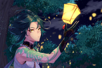 Rule 34 | 1boy, absurdres, arm tattoo, black gloves, bush, closed mouth, commentary request, facial mark, forehead mark, fuka (hk nemo), genshin impact, gloves, green hair, grey hair, highres, lantern, male focus, night, outdoors, outstretched arm, paper lantern, shoulder tattoo, solo, tattoo, xiao (genshin impact), yellow eyes