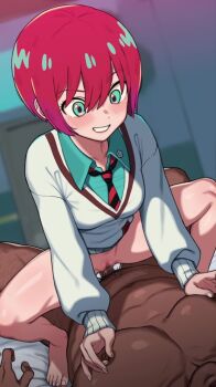 1boy 1girl age_difference amate_yuzuriha animated blinking blush bottomless breasts censored clothed_female_nude_male commentary cowgirl_position dark-skinned_male dark_skin faceless faceless_male green_eyes grin gundam gundam_gquuuuuux highres indoors light_blush live2d looping_animation medium_breasts mosaic_censoring muscular muscular_male no_panties nt00 nude prostitution red_hair school_uniform sex smile straddling sweater tagme tomboy vaginal video