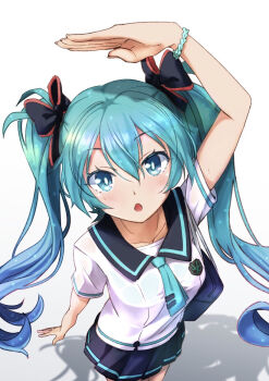 1girl aqua_eyes aqua_hair bag bracelet foreshortening hair_between_eyes hair_ribbon hatsune_miku height_comparison jewelry joshi_kousei long_hair looking_at_viewer miu_(angelo_whitechoc) necktie open_mouth pleated_skirt raised_eyebrows ribbon school_bag school_uniform shirt short_sleeves skirt twintails undershirt vocaloid white_shirt wide-eyed