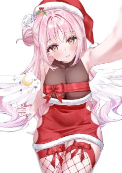 1girl absurdres armpits blue_archive blush bodystocking breasts cleavage closed_mouth commentary_request dress fishnet_thighhighs fishnets fur_trim hair_bun hat highres large_breasts looking_at_viewer mika_(blue_archive) pink_hair reaching reaching_towards_viewer red_dress red_hat red_thighhighs santa_costume santa_dress santa_hat single_side_bun smile solo thighhighs wfa5051 white_wings wings yellow_eyes