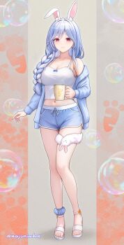 absurdres alternate_costume animal_ears blue_hair blue_jacket blue_shorts braid braided_ponytail breasts cleavage closed_mouth commentary cup hair_over_shoulder highres holding holding_cup hololive jacket mature_female medium_breasts multicolored_hair orange_eyes pekomama rabbit_ears rabbit_girl sandals shirt shorts smile solo streaked_hair symbol-only_commentary two-tone_hair virtual_youtuber wajuniorbox white_hair white_sandals white_shirt