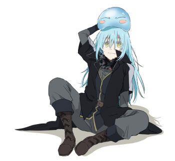 Rule 34 | 1other, arm up, belt, black coat, blue hair, boots, brown boots, closed mouth, coat, full body, fur trim, hair between eyes, long hair, long sleeves, looking at viewer, multiple others, nakayama miyuki, pants, rimuru tempest, rimuru tempest (slime), simple background, sitting, slime (creature), smile, straight hair, tensei shitara slime datta ken, very long hair, white background, yellow eyes