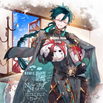 1boy alternate_costume black_coat black_gloves black_pants black_shirt braid check_clothing closed_eyes clothing_request coat coat_on_shoulders commentary day english_commentary facing_viewer gloves green_hair hair_between_eyes highres holding indoors jiyan_(wuthering_waves) long_hair looking_at_viewer low-braided_long_hair low-tied_long_hair lt26 male_focus open_window pants parted_lips shirt smile solo watermark window wuthering_waves