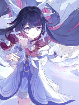 1girl bare_shoulders black_hair chinese_commentary closed_mouth colored_inner_hair columbina_(genshin_impact) commentary_request dress genshin_impact gradient_hair hair_ornament highres long_hair looking_at_viewer low-tied_sidelocks multicolored_hair nenggong_zhiren pink_hair purple_eyes sidelocks smile solo streaked_hair white_dress wing_hair_ornament