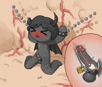 &gt;_&lt; 1boy arms_up azazel_(the_binding_of_isaac) black_horns black_skin black_wings bound bound_testicles bound_wrists bracelet chain chastity_cage colored_skin completely_nude cum demon_boy demon_horns demon_wings flesh_wall full_body horns internal_view jewelry key male_focus nude open_mouth penis shota sitting solo spiked_bracelet spikes sweat testicles the_binding_of_isaac tosx veins wariza wings