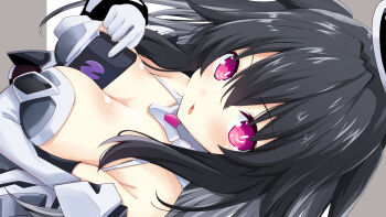 1girl :o arm_support arm_under_breasts bare_shoulders black_hair blush breast_rest breasts choujigen_game_neptune_sisters_vs_sisters cleavage curious elbow_gloves from_above gloves gray_sister_(neptunia) hair_between_eyes hand_up hands_up iwashi_dorobou_-r- long_hair looking_at_viewer looking_back looking_up medium_breasts multicolored_hair neptune_(series) phone_between_breasts pink_eyes power_symbol solo two-tone_hair upper_body very_long_hair white_gloves wide-eyed