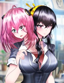 absurdres aged_up anya_(spy_x_family) black_hair blush breasts conjoined highres large_breasts looking_at_viewer looking_to_the_side original pink_hair yor_briar