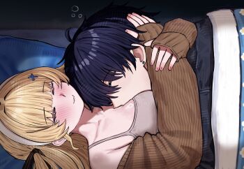 Rule 34 | 1boy, 1girl, 2na (blue2na), absurdres, alternate costume, between breasts, blush, breasts, brown jacket, closed eyes, closed mouth, collarbone, commentary, english commentary, face between breasts, hairband, head between breasts, head hug, highres, jacket, large breasts, male rover (wuthering waves), off shoulder, open clothes, open jacket, phoebe (wuthering waves), pillow, rover (wuthering waves), sleeping, smile, under covers, white hairband, wuthering waves