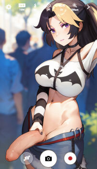 1futa black_choker black_hair black_nails black_sleeves blonde_hair blurry blurry_background breasts chest_harness choker clothes_pull crop_top crowd denim denim_skirt detached_sleeves earrings exhibitionism eyeshadow fingernails foreskin futanari half-erect harness highres jewelry kay_(eroblast) large_breasts large_penis long_hair looking_at_viewer makeup miniskirt multicolored_hair navel penis photo_background public_indecency purple_eyes purple_eyeshadow roblast:_waifu_dating_sim selfie shirt skirt skirt_pull solo_focus striped_sleeves two-tone_hair uncensored user_interface white_shirt white_sleeves zoryc