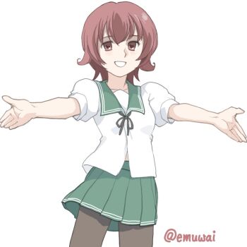 1girl black_pantyhose brown_hair emuwai green_sailor_collar green_skirt kantai_collection mutsuki_(kancolle) one-hour_drawing_challenge outstretched_arms pantyhose parted_lips pleated_skirt red_eyes sailor_collar sailor_shirt shirt short_hair simple_background skirt smile solo twitter_username white_background white_shirt