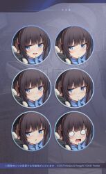 Rule 34 | 1girl, :d, :o, azur lane, blue eyes, blush, brown hair, close-up, commentary request, expressions, facing viewer, half-closed eyes, highres, holding, holding phone, light frown, long hair, long island (azur lane), long island (ghostly receptionist) (azur lane), o o, official alternate costume, official art, open mouth, phone, portrait, pout, promotional art, smile, surprised